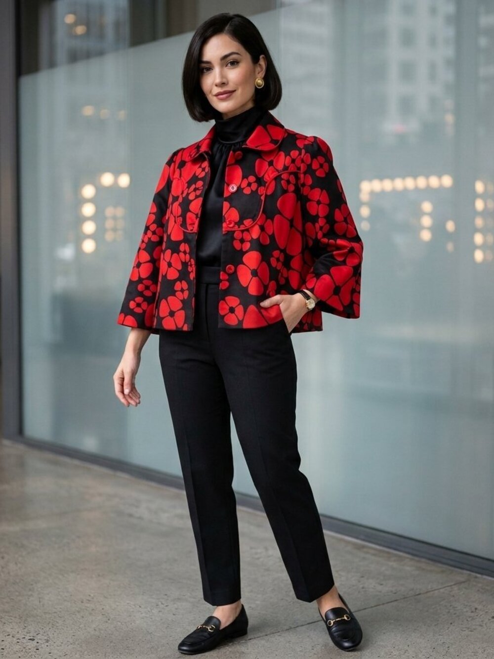 Elija Blue Black/Red Floral 3/4 Sleeve Korean jacket Vintage Style Statement